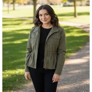 Anna Cai New York Olive Green Military Look Zippered Ruffled Hem Jacket Sz L.